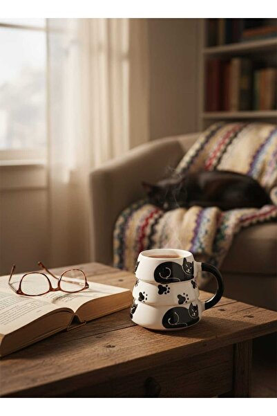 SeraCEY Tree Mug Cat Patterned Hand Embroidered Special Design Handmade Ceramic Mug