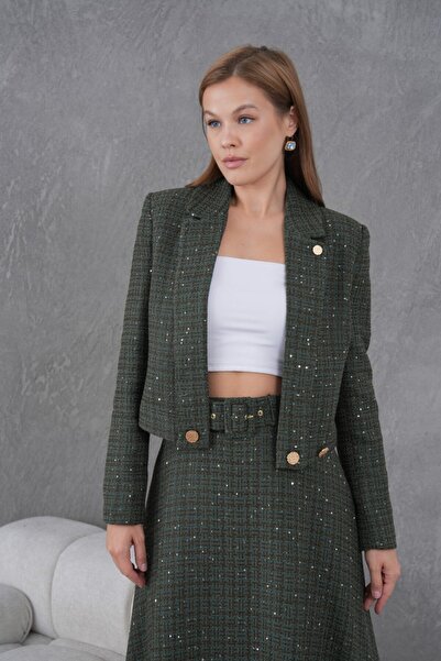 nodilife Örgü Kumaş Kloş Etekli Kadın Takım Haki