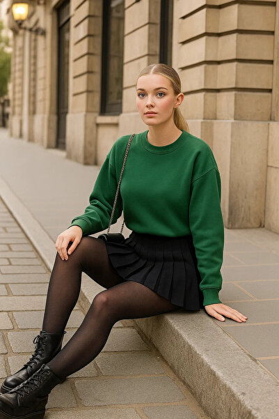 COMBİNE MİCHAİL Women's Crew Neck Winter Oversized Green Sweater