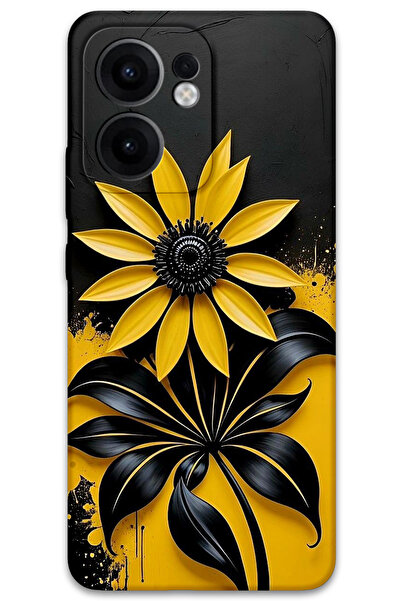 MRCİLETİSİM غطاء خلفي لهاتف اوبو رينو 13F 5G بنمط HD مطبوع - زهرة صفراء سوداء