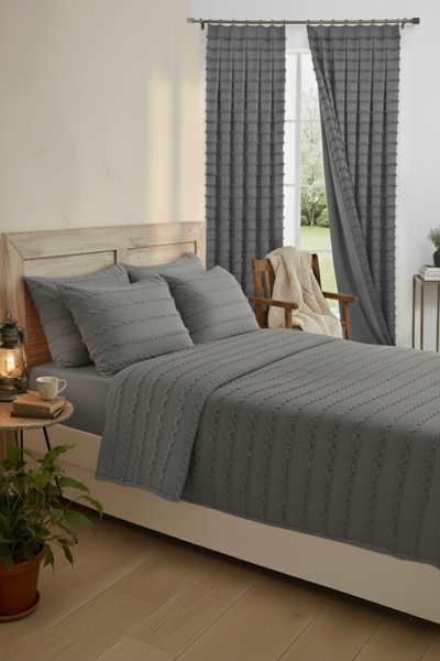 Madame Dower Wave Collection Gray All-In-One Set - 2-Piece Lined Background Curtain with Bed Cover 1X3 Regular Pleats