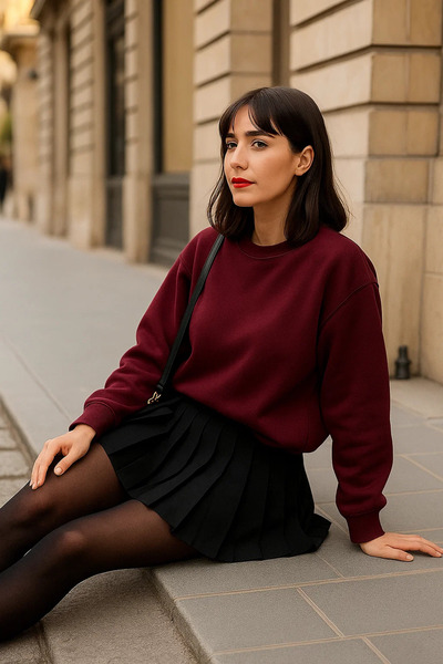 COMBİNE MİCHAİL Women's Crew Neck Winter Oversized Burgundy Sweater