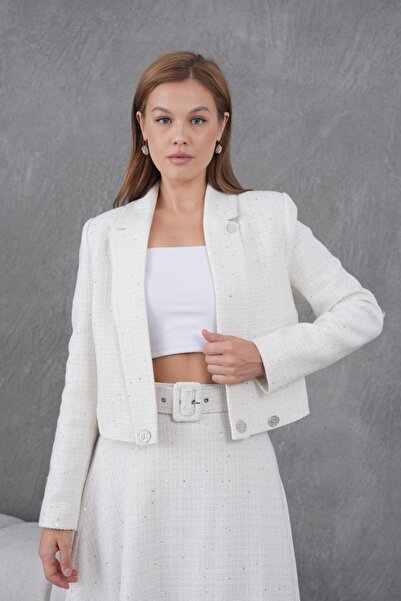 nodilife Örgü Kumaş Kloş Etekli Kadın Takım Beyaz