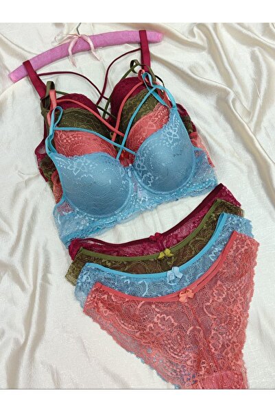 Love Angels Lace Detailed Unpadded Cross String Underwire Bra Panty Set - Lingerie Set 4-Piece Set