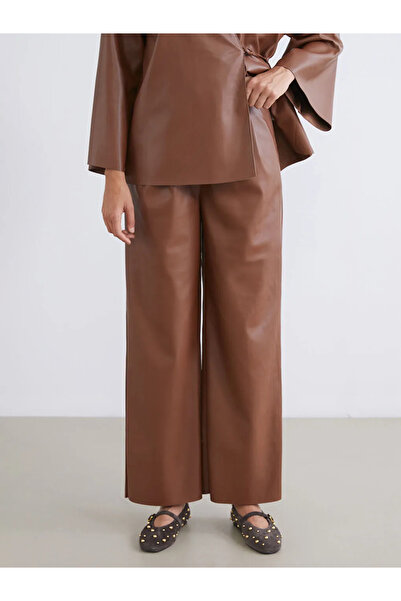 LC Waikiki Soulife Kahverengi Beli Lastikli Deri Görünümlü Kadın Pantolon