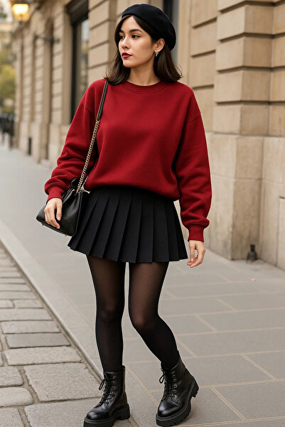 COMBİNE MİCHAİL Women's Crew Neck Oversized Red Sweater