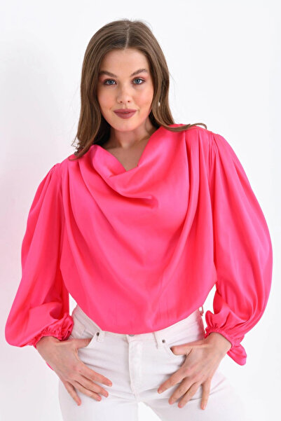 Lujiz Kadın Gömlek Degaje Yaka Dökümlü Saten Gömlek Kadın Gömlek Fuşya - 33026