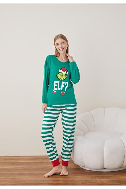 TOSKI Women's Christmas Pajamas Long Sleeve Long Pants, Green, Elf?