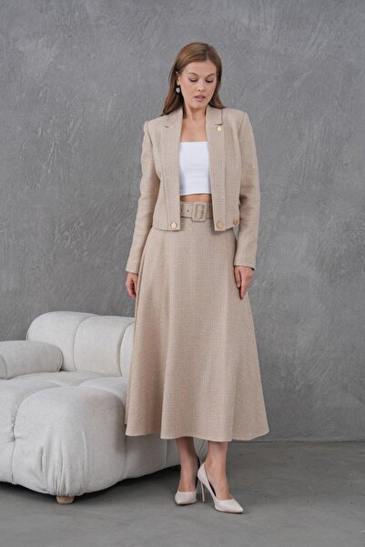 nodilife Knitted Fabric Flared Skirt Women's Set Beige