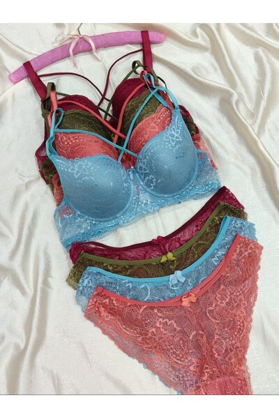 Love Angels Lace Detailed Unpadded Cross String Underwire Bra Panty Set - Lingerie Set 4-Piece Set