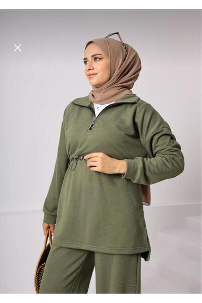 New Lune Women's Islamic Clothing Set, Zippered Waist-Tie Tunic, Wide-Leg Pants, Double-Thread Knitted.