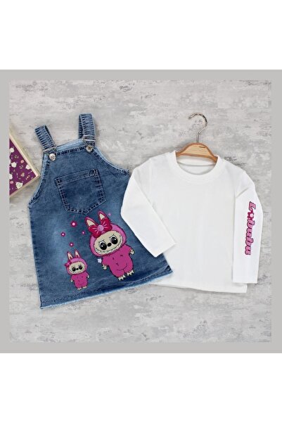 GİRL EMELY Girl's Labubu Digital Printed and Long Sleeve Double Denim Jacket with Straps