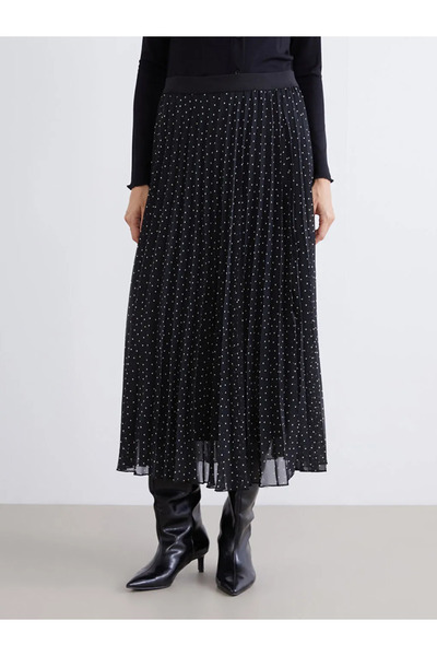 LC Waikiki LCWAIKIKI Classic Siyah Beli Lastikli Puantiyeli Pileli Şifon Etek