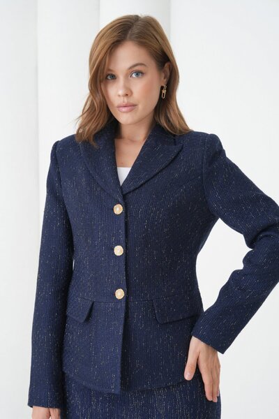 nodilife Kol Düğmeli Örgü Kumaş Etekli Kadın Takım Elbise Lacivert