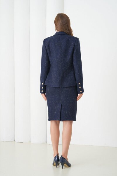 nodilife Kol Düğmeli Örgü Kumaş Etekli Kadın Takım Elbise Lacivert