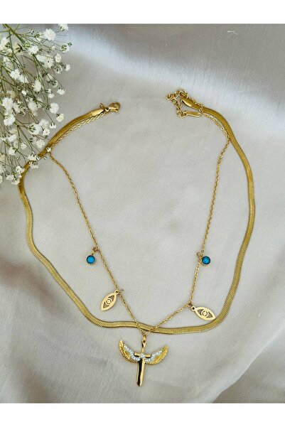 ASALEA قلادة مزدوجة باللون الأزرق على شكل عين الحسد وأجنحة الملاك - فولاذ مقاوم للصدأ بلون ذهبي