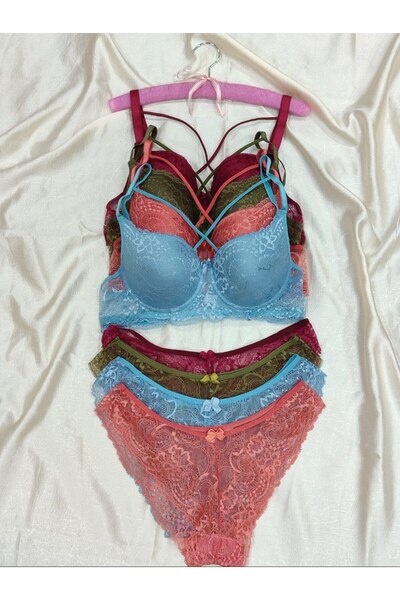 Love Angels Lace Detailed Unpadded Cross String Underwire Bra Panty Set - Lingerie Set 4-Piece Set