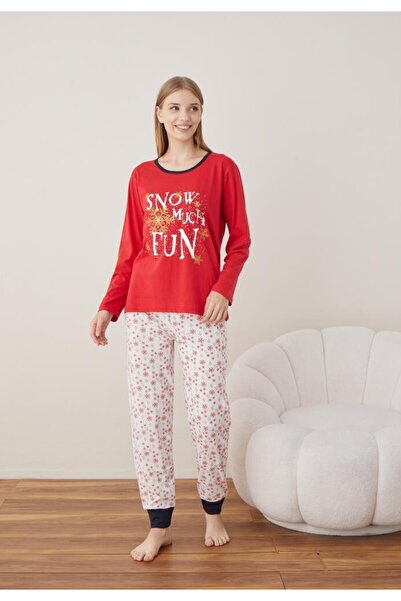 TOSKI Women's Christmas Pajamas Long Sleeve Long Pants, Red, SNOW MUCH FUN