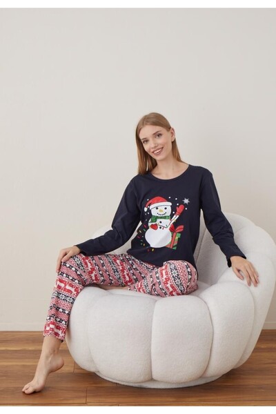 TOSKI Women's Christmas Pajamas Long Sleeve Long Pants, Navy Blue, Snowman