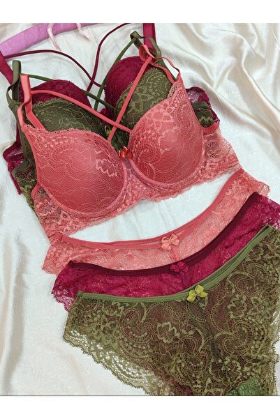 Love Angels Lace Detailed Unpadded Cross String Underwire Bra Panty Set - Lingerie Set 3-Piece Set