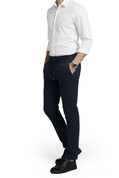 DeepSEA Navy Blue Stretch Fabric Slim Fit Casual Sports Trousers with Elastic Waist 2601070