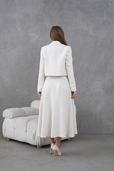 nodilife Örgü Kumaş Kloş Etekli Kadın Takım Beyaz