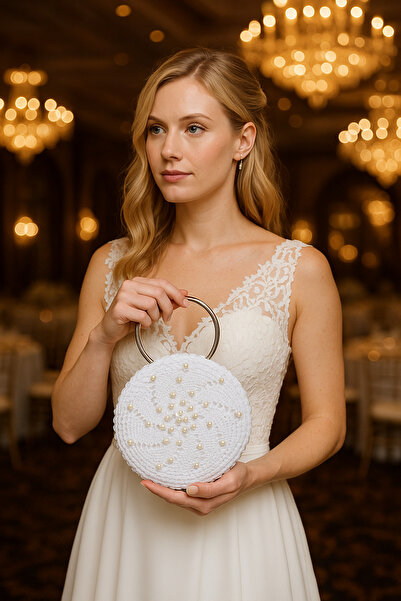 ByLily White Handbag for Brides, Vintage Lace Design with Pearl Embroidery, Very Stylish