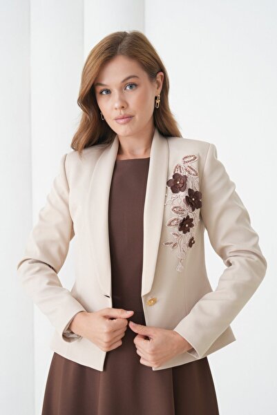 nodilife Flower Printed Women's Suit with Flared Dress Beige-Brown