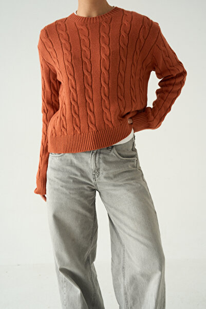 LOOSH Kadın Kiremit Bisiklet Yaka Saç Örgülü Triko Kazak