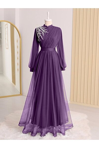 Genel Markalar Önü Taş Detaylı Drapeli Kemerli Tül Abiye -Mor