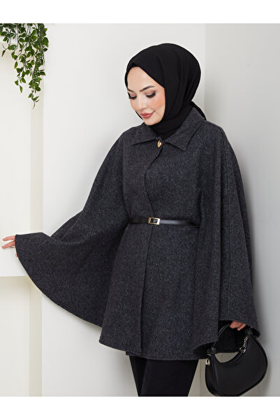 Eliva Women's Black Shirt Collar Belted Poncho