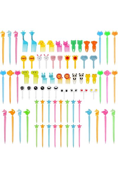 First pro أعواد طعام على شكل فاكهة حيوانية، صندوق غداء بينتو، أعواد أسنان كرتونية لطيفة، شوك كب كيك صغيرة (80 قطعة)