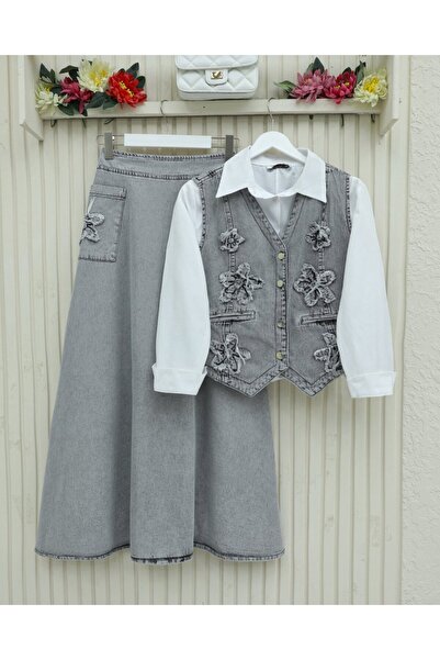 Moda Ebrar Patterned Skirt Elastic Waist Vest Skirt Jeans Set - Gray