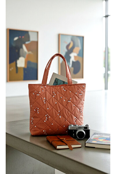 Mufincollection Quilted Fabric, Cinnamon Color, Floral Pattern Daily Handbag