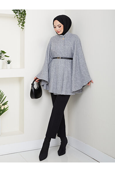 Cochines Women's Gray Gold Buttoned Belted Cashmere Hijab Tunic Poncho