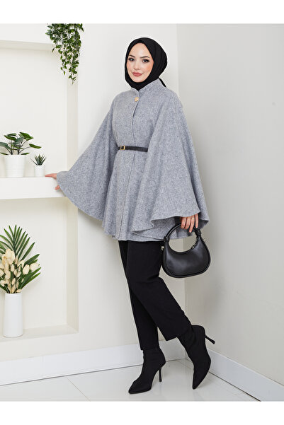 Cochines Women's Gray Gold Buttoned Belted Cashmere Hijab Tunic Poncho