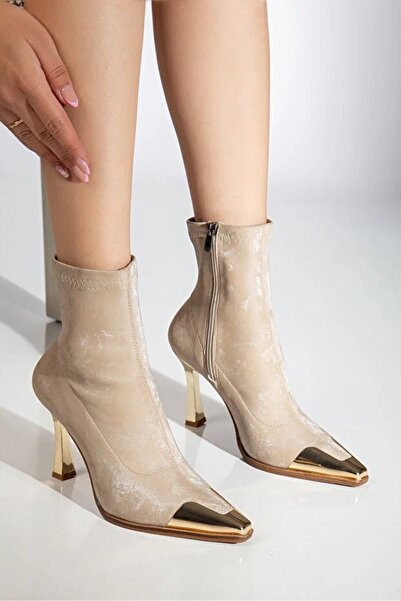 Elexus Kadın Topuklu Bot Burun Detaylı Bej