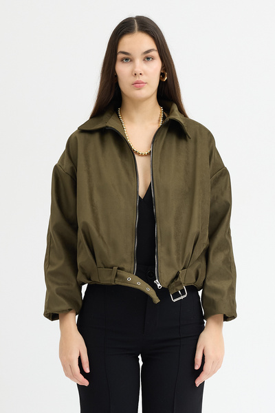 Jaglion Zr Belted Oversized Women's Bomber Khaki Suede Leather Jacket