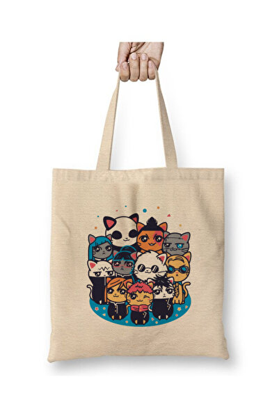 Toyaso Jujutsu Kaisen Characters Cats Cats White Cloth Bag Long Handle Shopping Bag Beach Bag