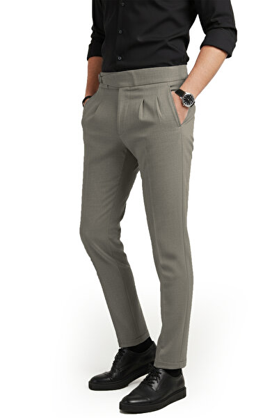 DeepSEA Men's Khaki Stretch Fabric Italian Cut Pleated Belt Buckle Stylish Fabric Trousers 2601020