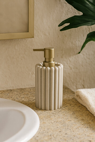 GENGSİ Meturas Cream Polyresin Liquid Soap Dispenser | Modern Striped Design 375 ml Bathroom Accessory 7.5 X 18 cm