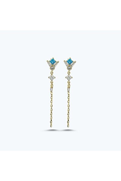 Altınbaş Mavi Taşlı Sallantılı Altın Küpe