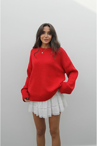 Havoş Pulover tricotat supradimensionat cu guler rotund roșu Mary