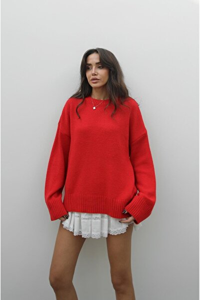 Havoş Pulover tricotat supradimensionat cu guler rotund roșu Mary