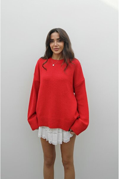 Havoş Pulover tricotat supradimensionat cu guler rotund roșu Mary