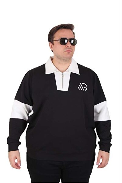 Starbattal Large Size Polo Neck Zippered Sweat Double Face 25709 Black