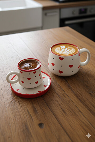Gezdikçe Bilelim My Dear Self Series Red Heart Patterned, Handmade Ceramic and Mug Set, Mug, Hand Made