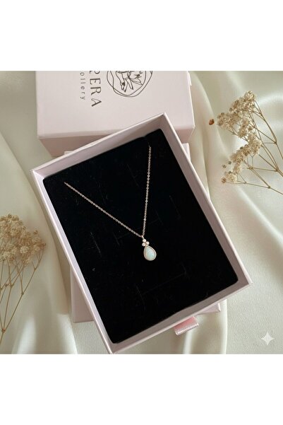 Lovera Jewellery 925 Ayar Gümüş Rose Beyaz Opal Taşlı Damla Kadın Kolye | Zar...