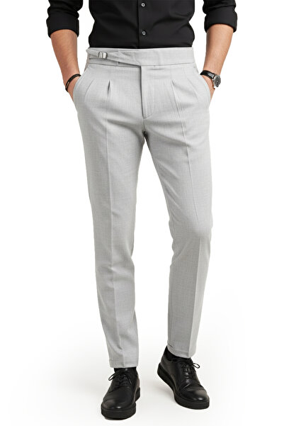 DeepSEA Men's Gray Stretch Fabric Italian Cut Pleated Belt Buckle Stylish Fabric Trousers 2601020