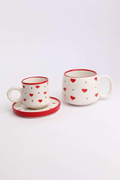 Gezdikçe Bilelim My Dear Self Series Red Heart Patterned, Handmade Ceramic and Mug Set, Mug, Hand Made